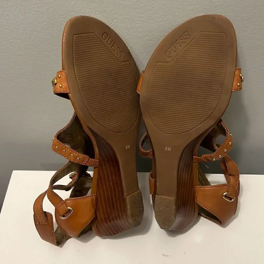 Guess Women's Brown Classic Studded Gold Gladiator Wedge Heel Sandals Size 8 M - Picture 11 of 11